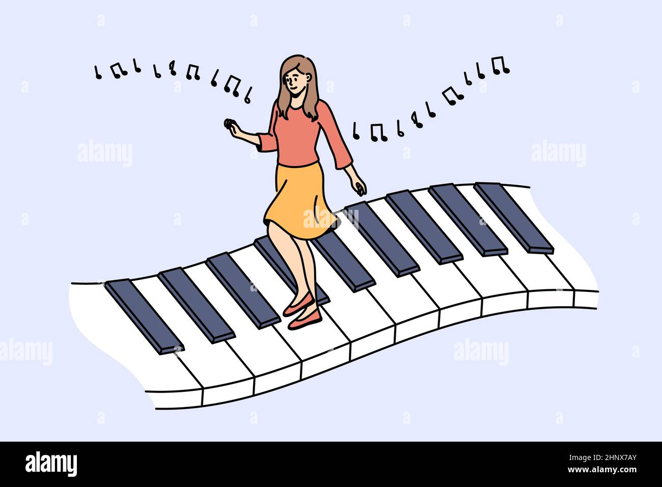 Music and playing piano concept. Young woman cartoon character pianist  walking across huge piano keys with melody notes above vector illustration  Stock Photo - Alamy