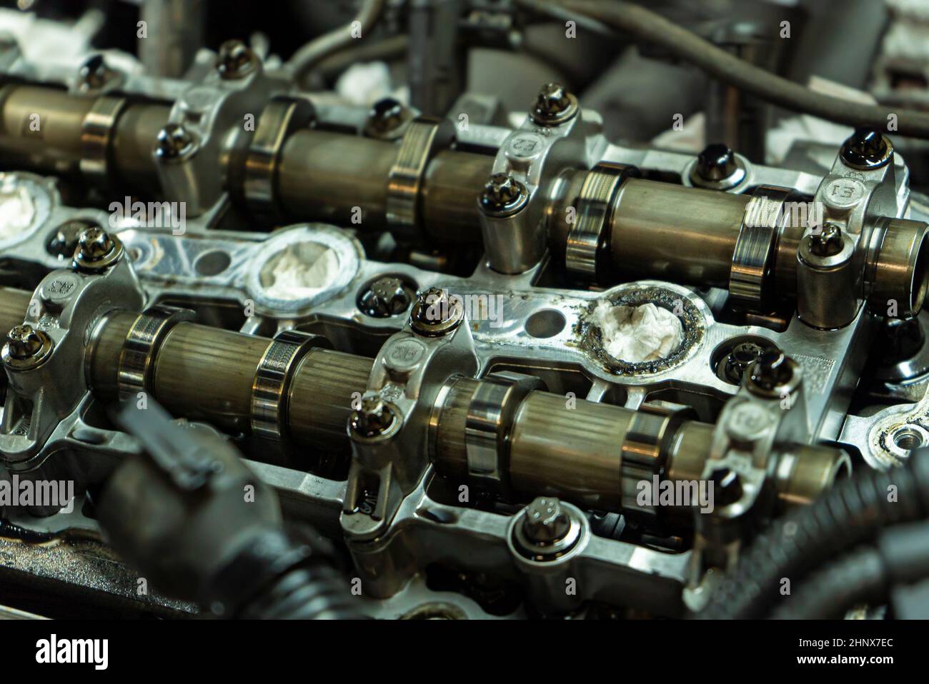Detail of Car engine camshafts disassembled for maintenance Stock Photo