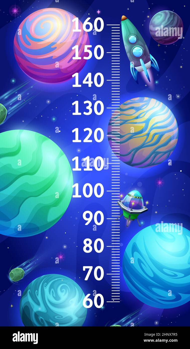 Cartoon galaxy space planets and shuttles kids height chart. Vector growth measure meter with spacecrafts, ufo saucer in cosmic fantasy world with sta Stock Vector