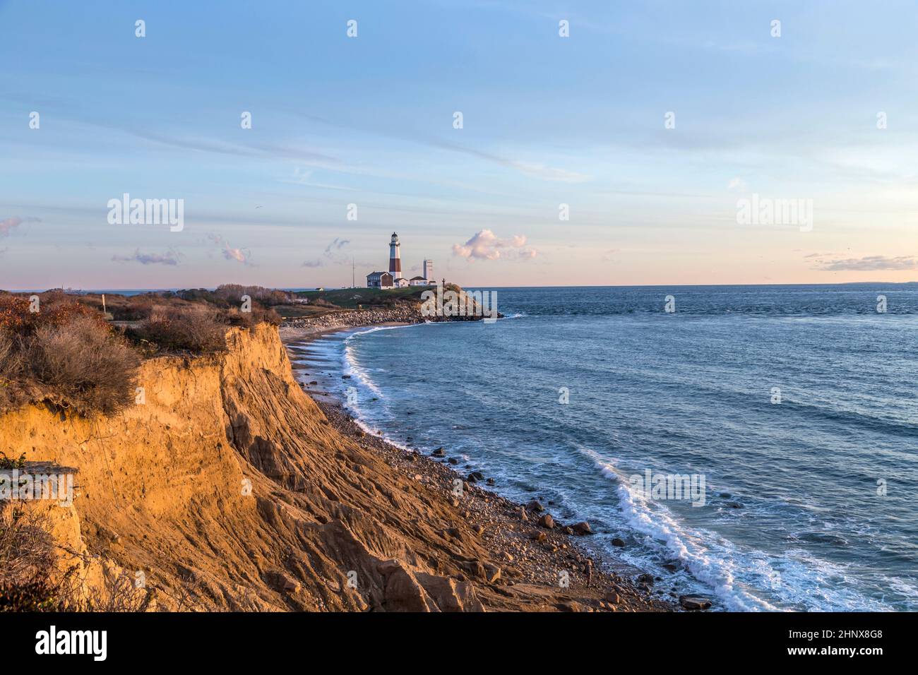 Atlantic ocean waves on the beach at montauk point light lighthouse