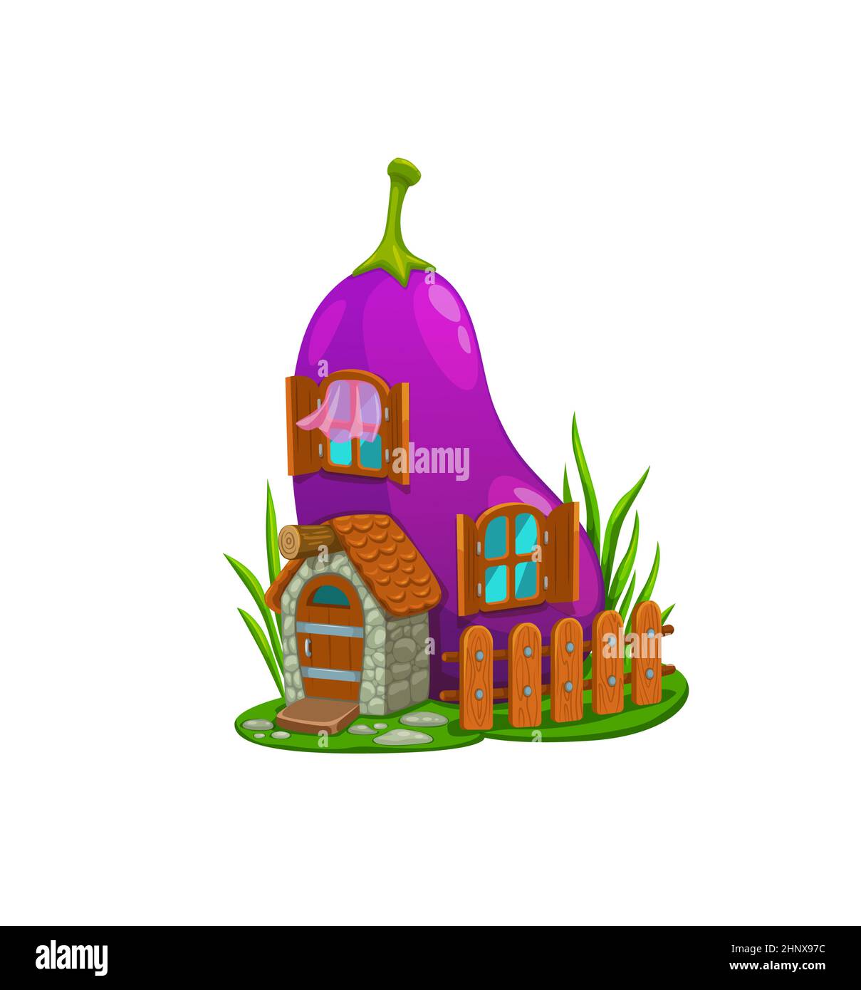 Cartoon fairytale eggplant vegetable house building. Isolated vector gnome, fairy, elf dwelling in ripe veggies. Cute home with wooden door, shuttered Stock Vector