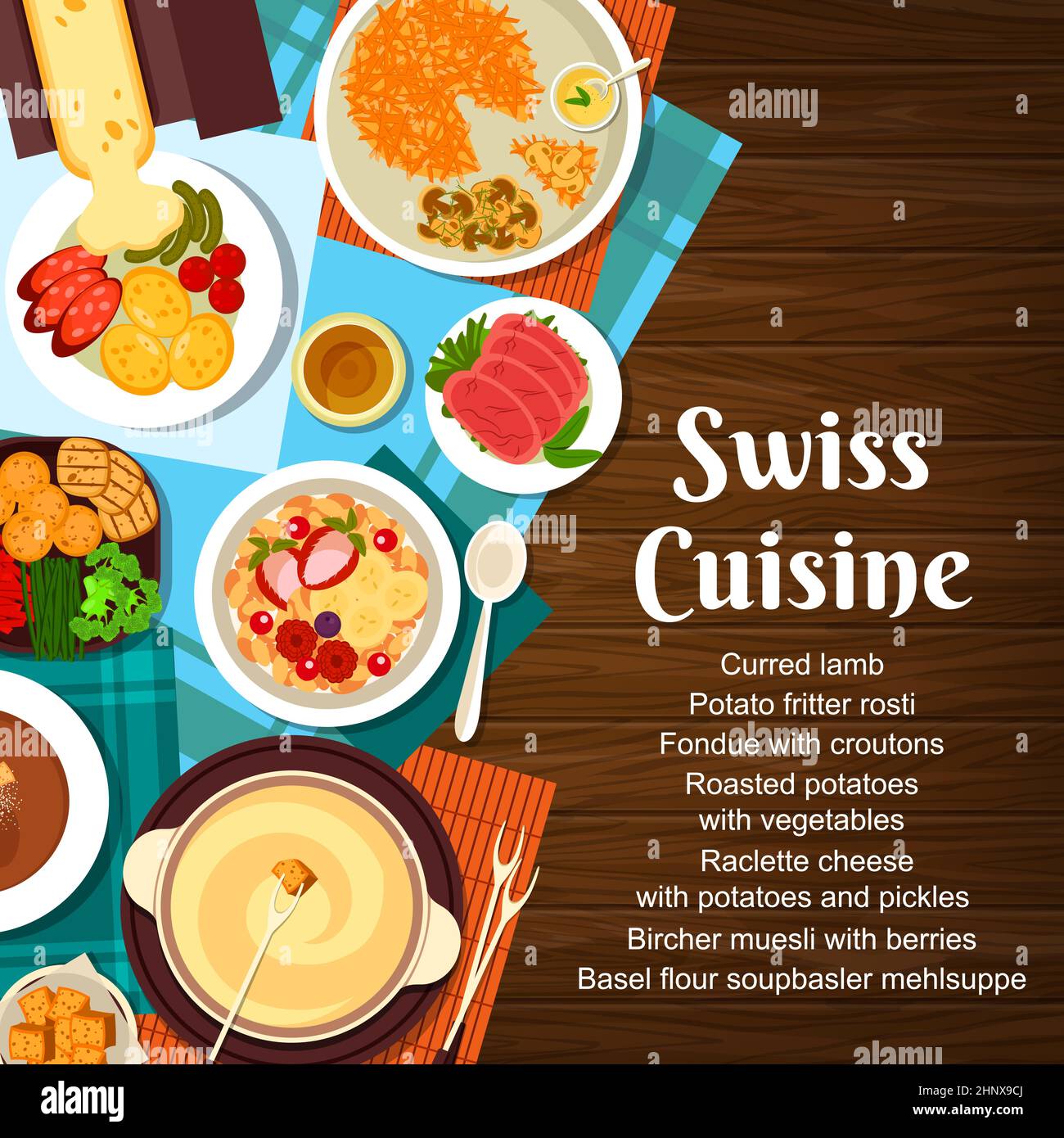 Swiss cuisine menu cover, Switzerland food dishes and meals, vector. Traditional Swiss restaurant cuisine cured lamb, raclette cheese with potatoes an Stock Vector