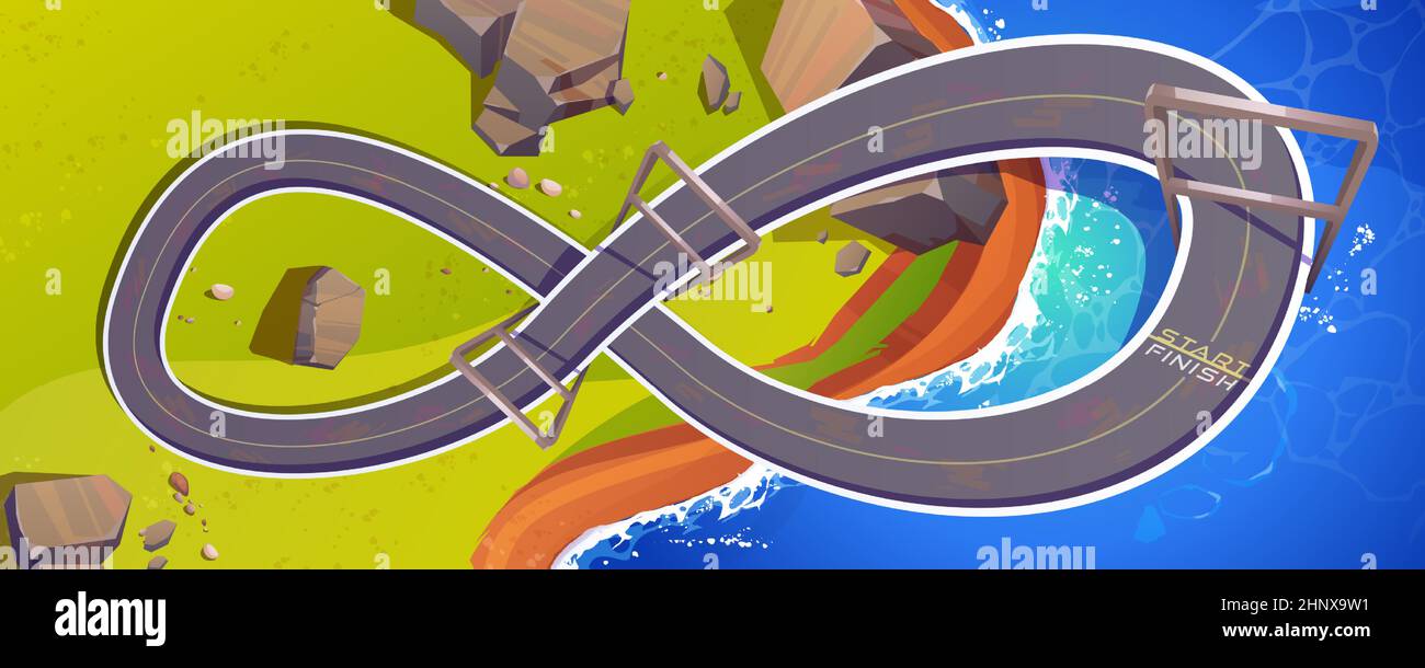 Race track for cars top view, circuit road cartoon background for game, racetrack in shape of infinity sign at sea and green shore location, asphalted way loop for formula f1 competition, vector path Stock Vector
