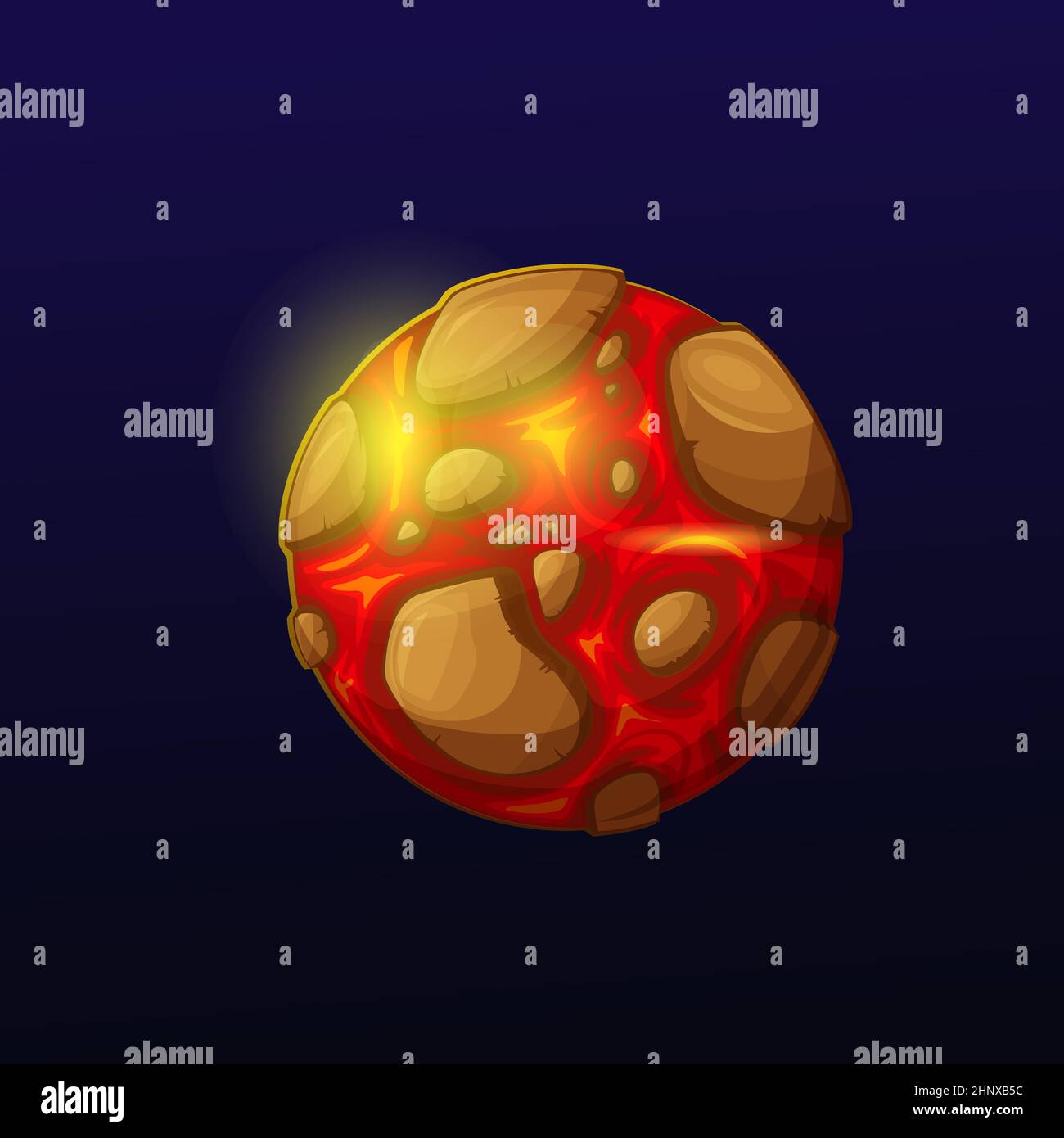 Space planet with hot lava and flares of volcano magma, vector cartoon