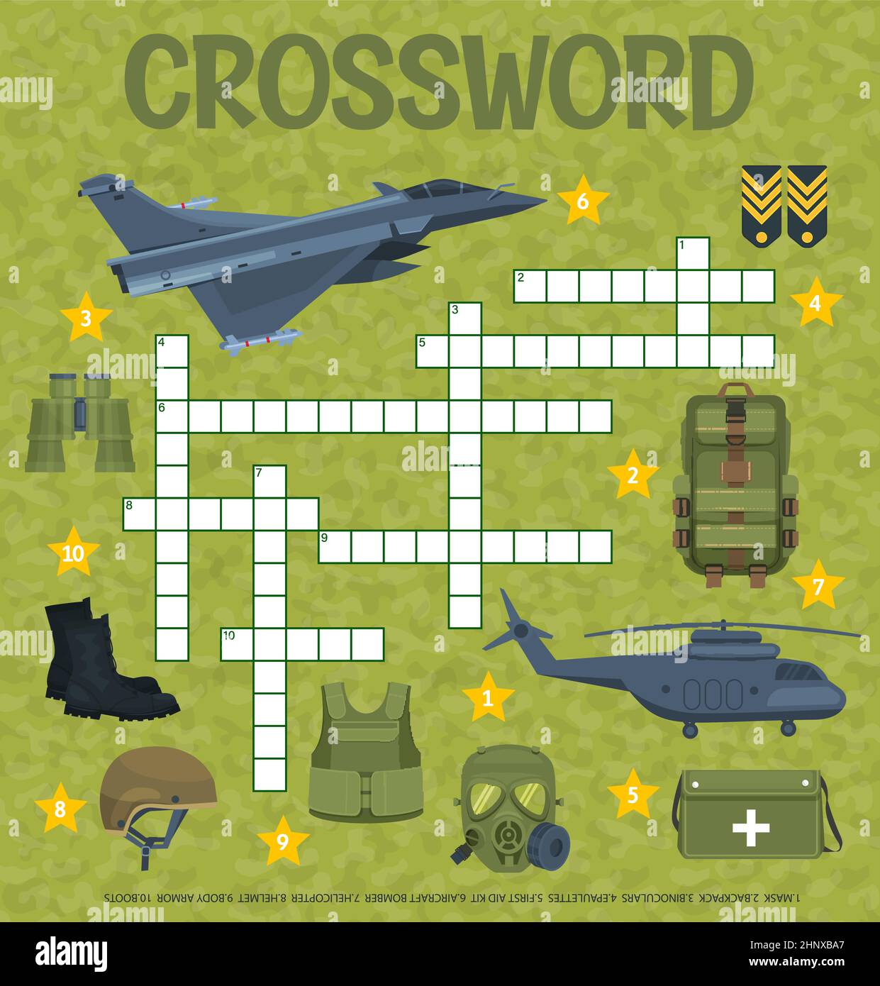 Army military ammunition and weapons crossword grid worksheet. Find a
