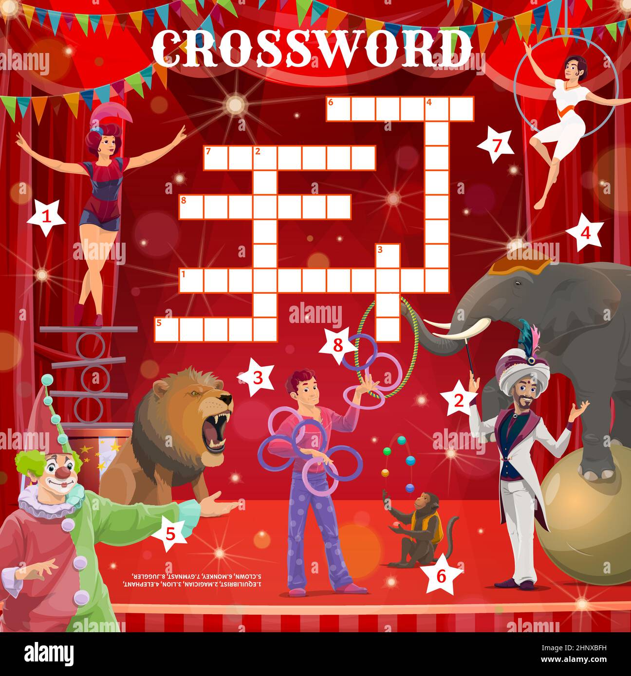 Big top circus stage, animals and performers crossword puzzle worksheet