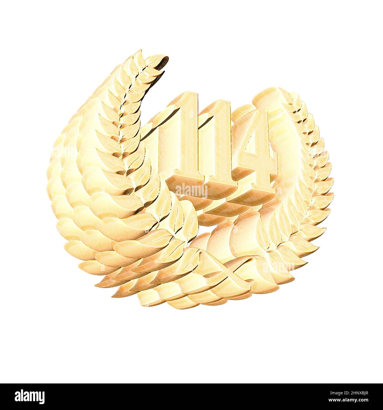 Number 114 with laurel wreath or honor wreath as a 3D-illustration, 3D-rendering Stock Photo