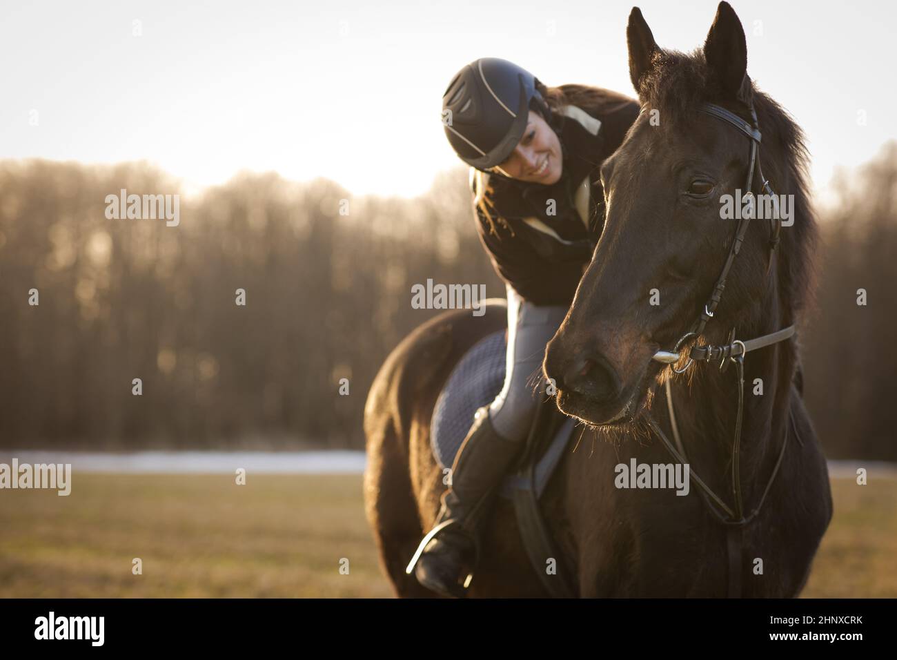 Female horse rider riding outdoors on her lovely horse Stock Photo - Alamy