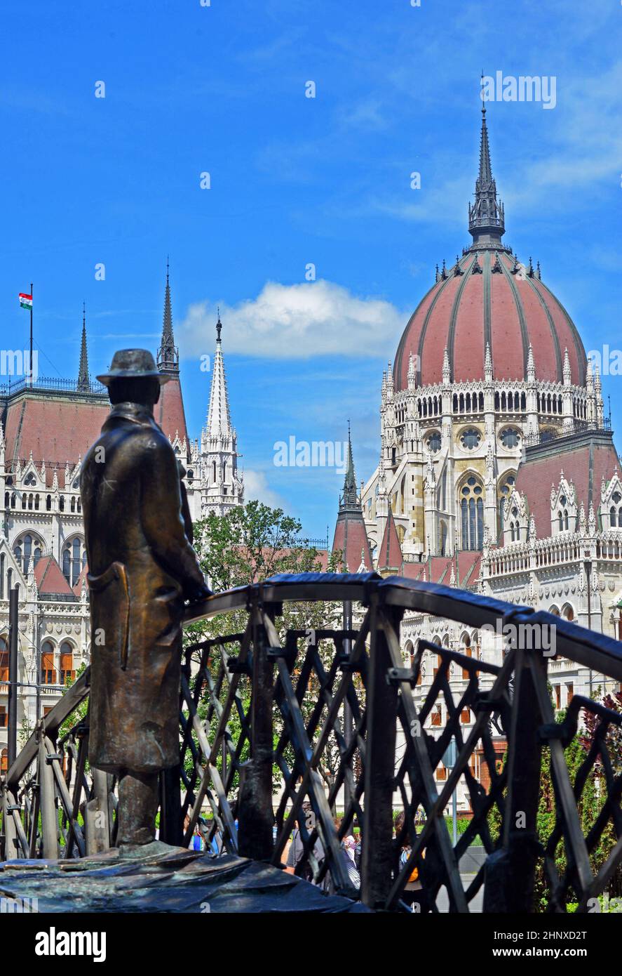 Imre Nagy statue  on bridge in Martyr's Square,  looks towards The hungarian Parliament, Budapest, Hungary. Now removed Stock Photo