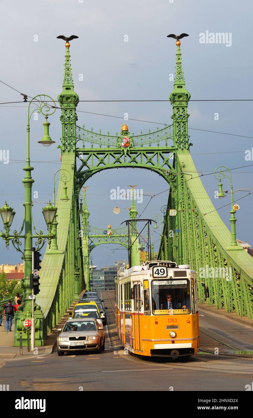 tramway on Freedom bridge, Budapest, Hungary Stock Photo