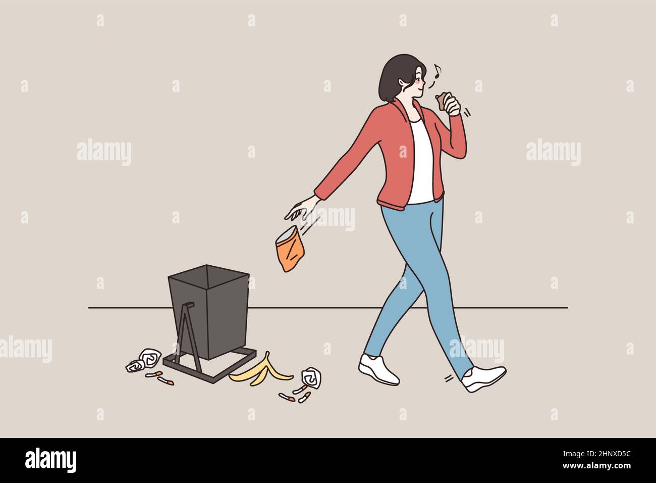 Young woman throw away garbage littering on street, not care about