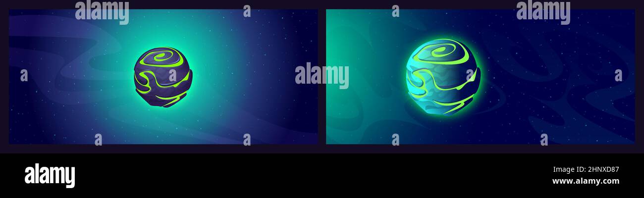 Alien planet in space, galaxy comet with glowing surface, abstract globe with spiral in far universe. Fantasy game scene with sphere in starry sky, cosmos, fantasy world, Cartoon vector illustration Stock Vector