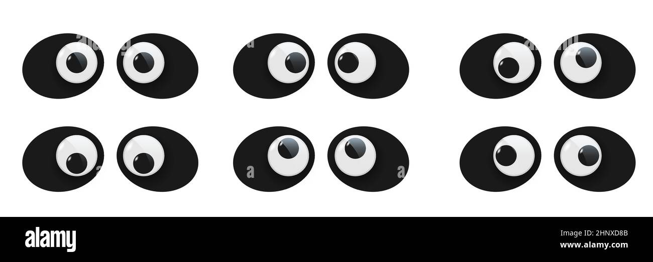 Panda toy eyes set vector illustration. Wobbly plastic open eyeballs of funny Chinese bear looking up, down, left, right, crazy round parts with black Stock Vector