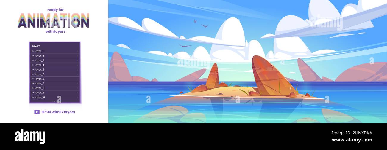 Ocean or sea nature landscape, parallax background with 2d separated layers ready for game animation. Shallow with rocks in clean water under clouds and gulls flying in sky Cartoon vector illustration Stock Vector