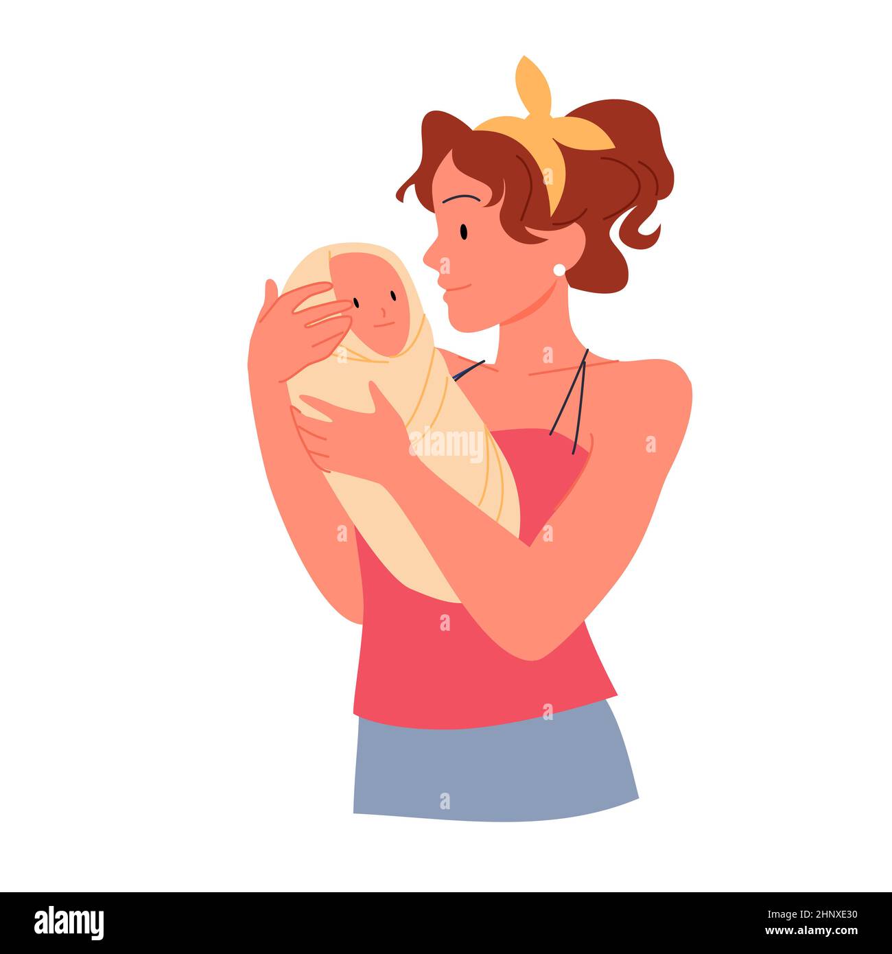 Young mother holding her cute newborn swaddled baby Stock Vector