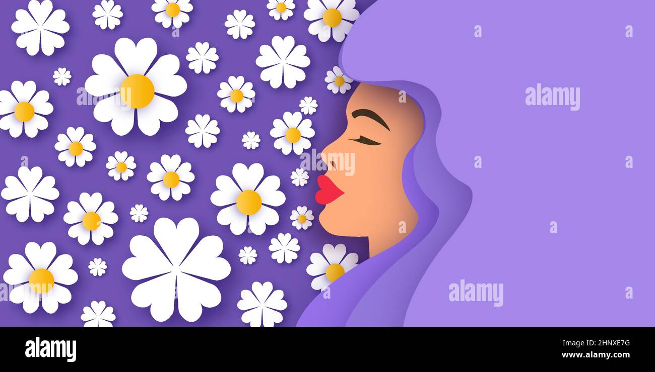 Female portrait with paper cut daisy flowers. Happy Women's day. Happy Mother's Day. Abstract Hand drawn paper cut floral shapes. Trendy contemporary Stock Vector