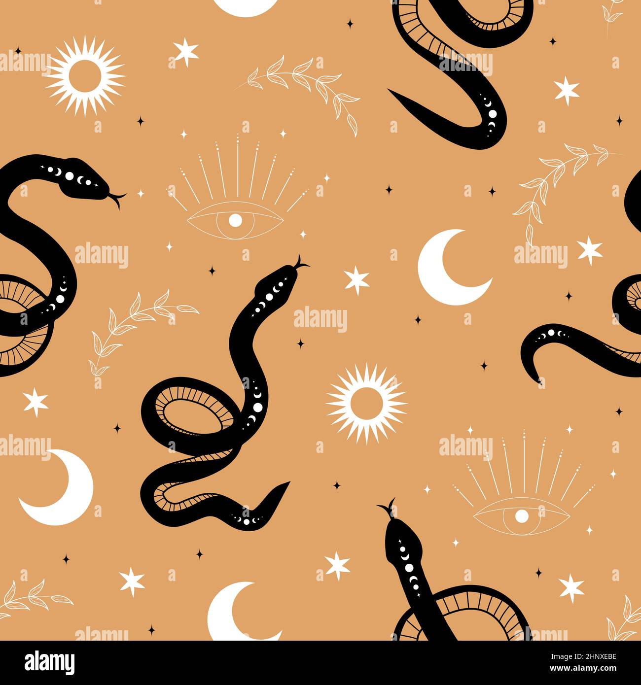 Seamless pattern with boho magic snake and moon. Mystical symbol in a ...