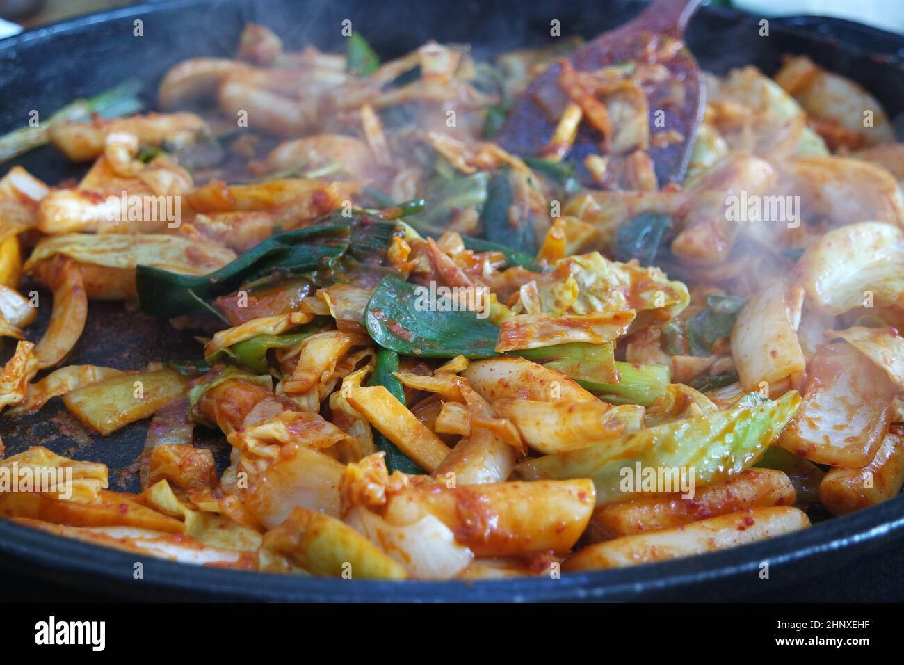 Dak galbi, traditional Korean food preparation. Fried chicken with