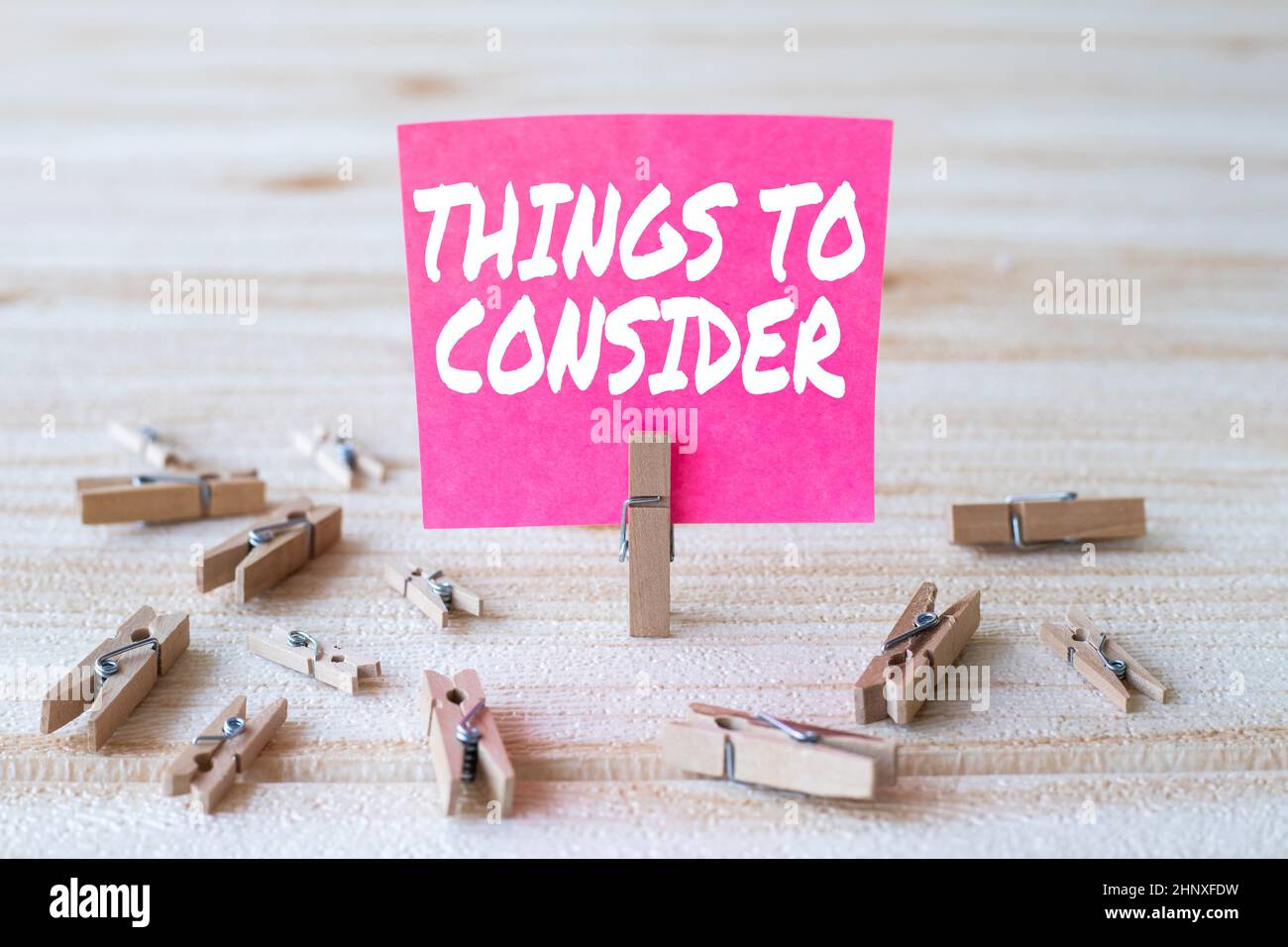 Text showing inspiration Things To Consider, Business showcase think about carefully especially in making decisions Piece Of Blank Square Note Surroun Stock Photo