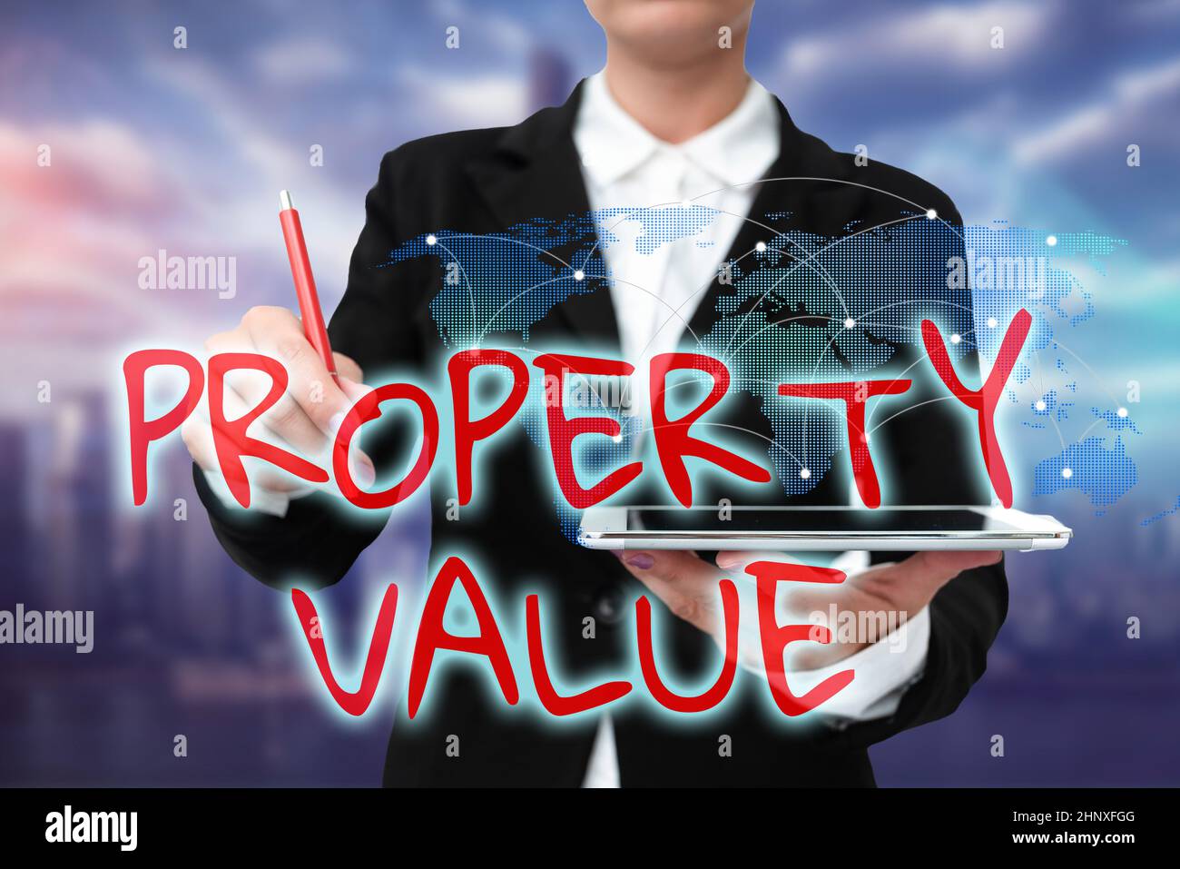 Conceptual display Property Value, Business idea Worth of a land Real estate appraisal Fair market price Lady In Uniform Standing Holding Tablet Typin Stock Photo