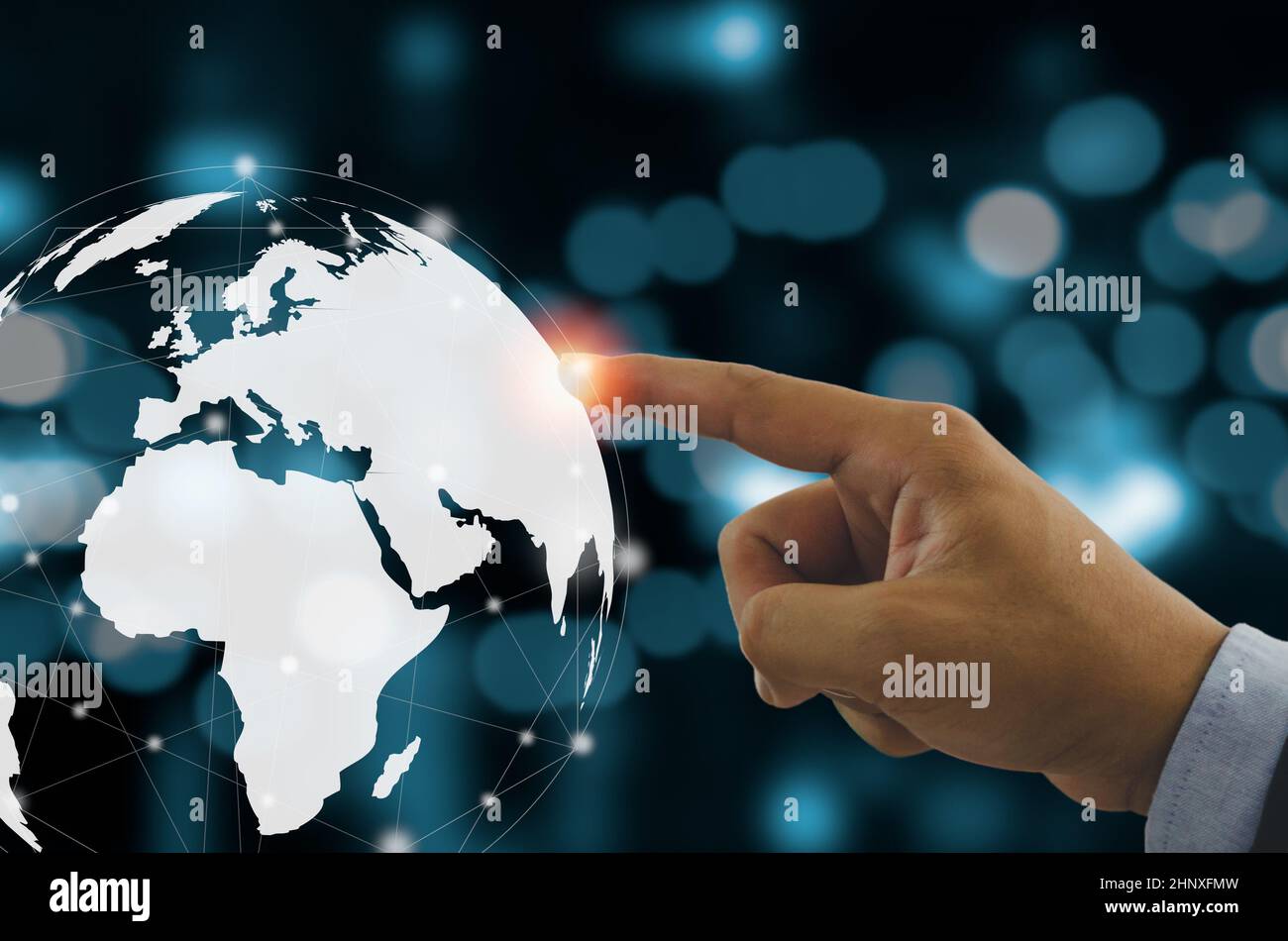 Business man experience virtual world with global network connection and big data technology concept. Stock Photo