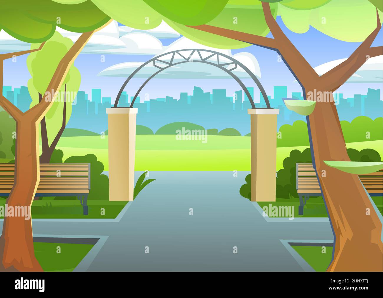 Old city park with a fence. Wooden benches. beautiful natural place to stay. Large trees and paths with sidewalks. Vector. Stock Vector