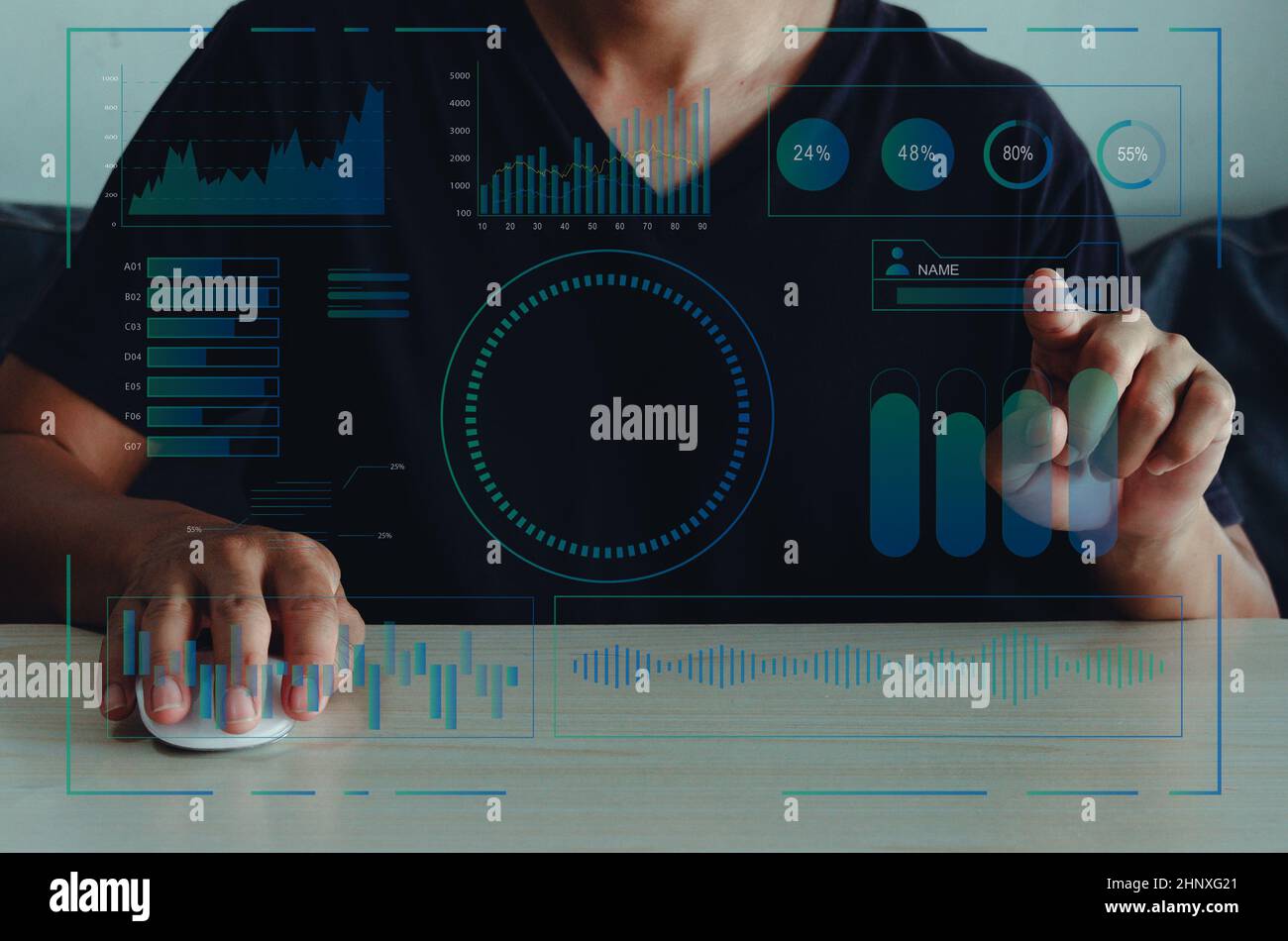 Digital big data and virtual screen technology concept WEB 3.0.Man using mouse and touch virtual screen. Stock Photo