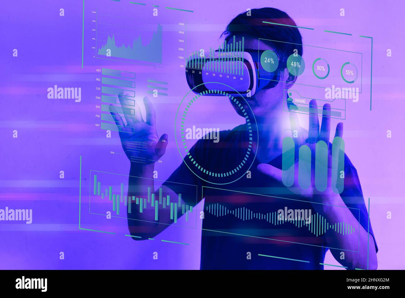 Digital communication and virtual sreen metaverse technology concept WEB 3.0.Man using virtual reality headset virtual reality device. Stock Photo