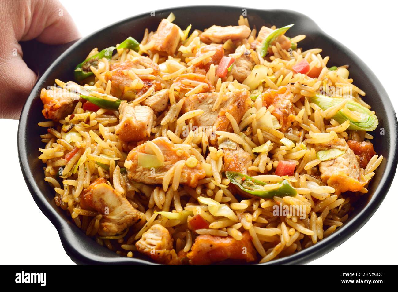 Chicken Fried Rice In Plate Isolated On White Background Stock Photo chicken-fried-rice-in-plate-isolated-on-white-background-stock-photo