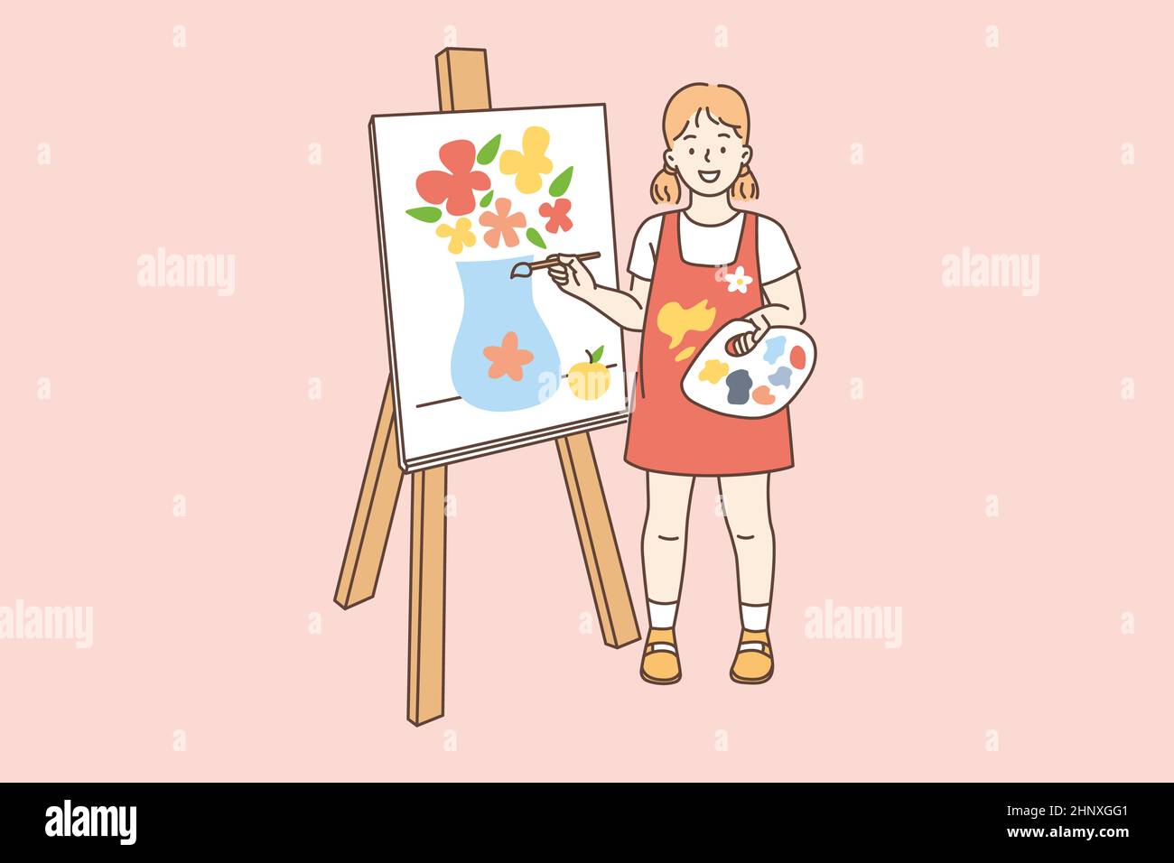 Character flat drawing pretty little girl draw on canvas. Happy