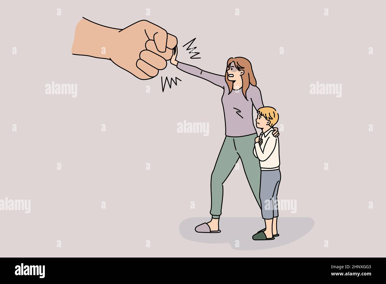 Stop harassment and bullying concept. Angry woman standing and defending herself and son from human hand fist fight bullying vector illustration Stock Photo