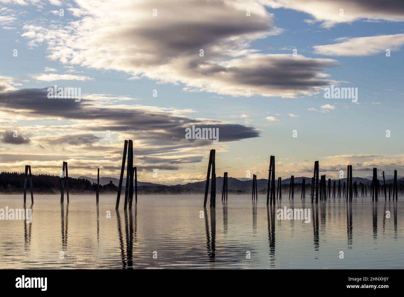 Wood pilings in the Pend Oreille RIver in October in Cusick, Washington. Stock Photo
