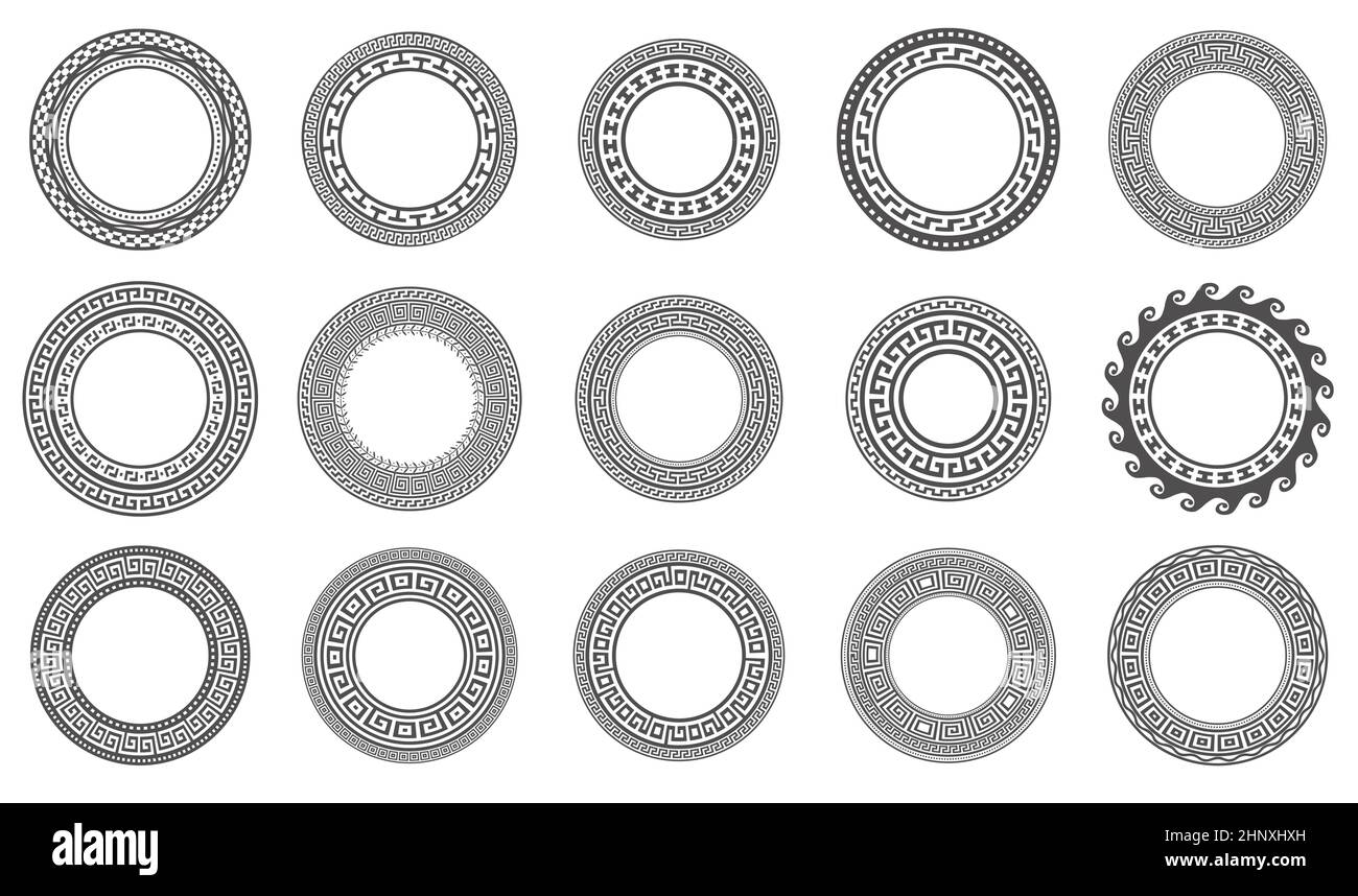 Circle greek frames. Round meander borders. Decoration elements patterns. Vector illustration isolated on white background. Stock Vector
