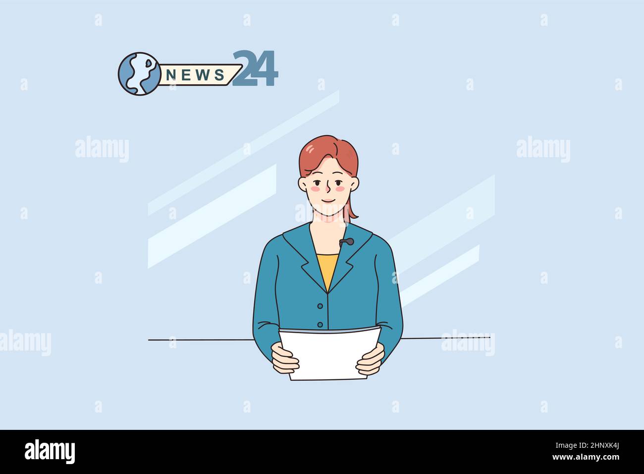 Female journalist doing news reportage in studio. Woman tv presenter or host speak on camera for entertaining show. Journalism and entertainment. Flat vector illustration.  Stock Vector