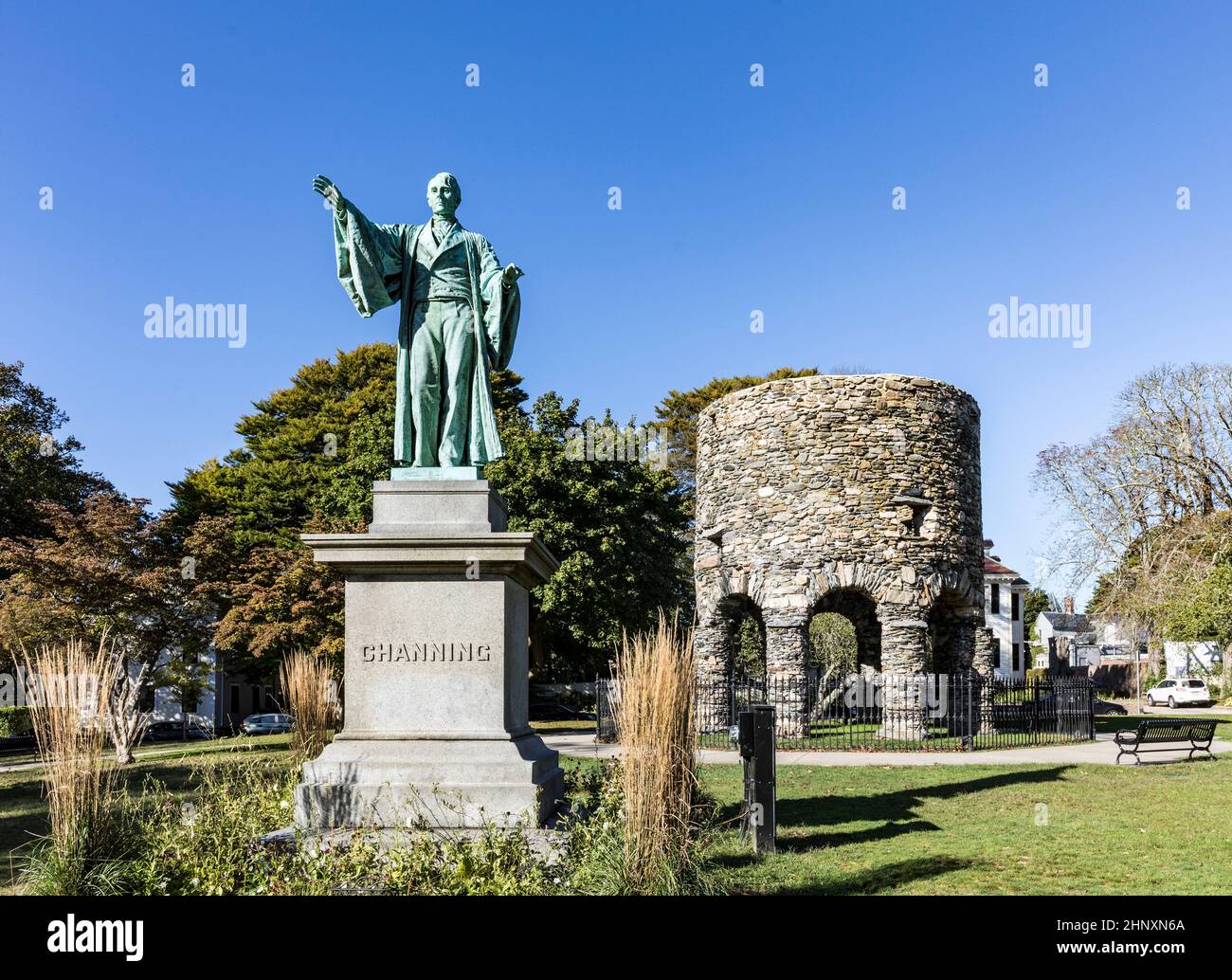 Newport Tower and Channing Statue, Tauro Park, Newport Rhode Island USA