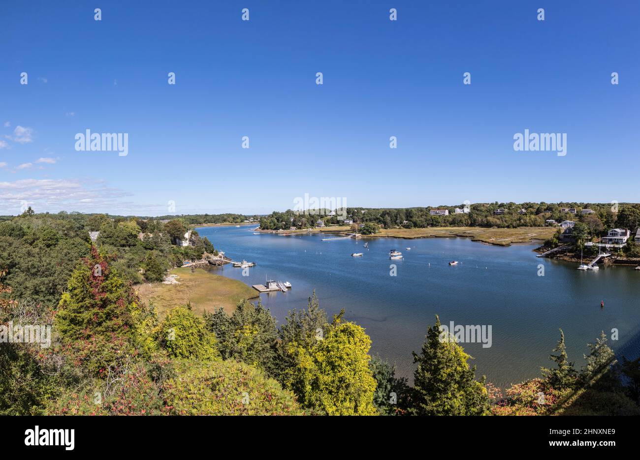 aerial view to the lakes around Gloucester with boats at the shore seen from yankee division highway Stock Photo