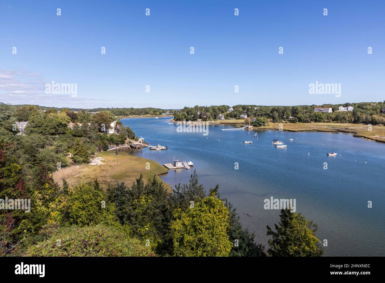 aerial view to the lakes around Gloucester with boats at the shore seen from yankee division highway Stock Photo