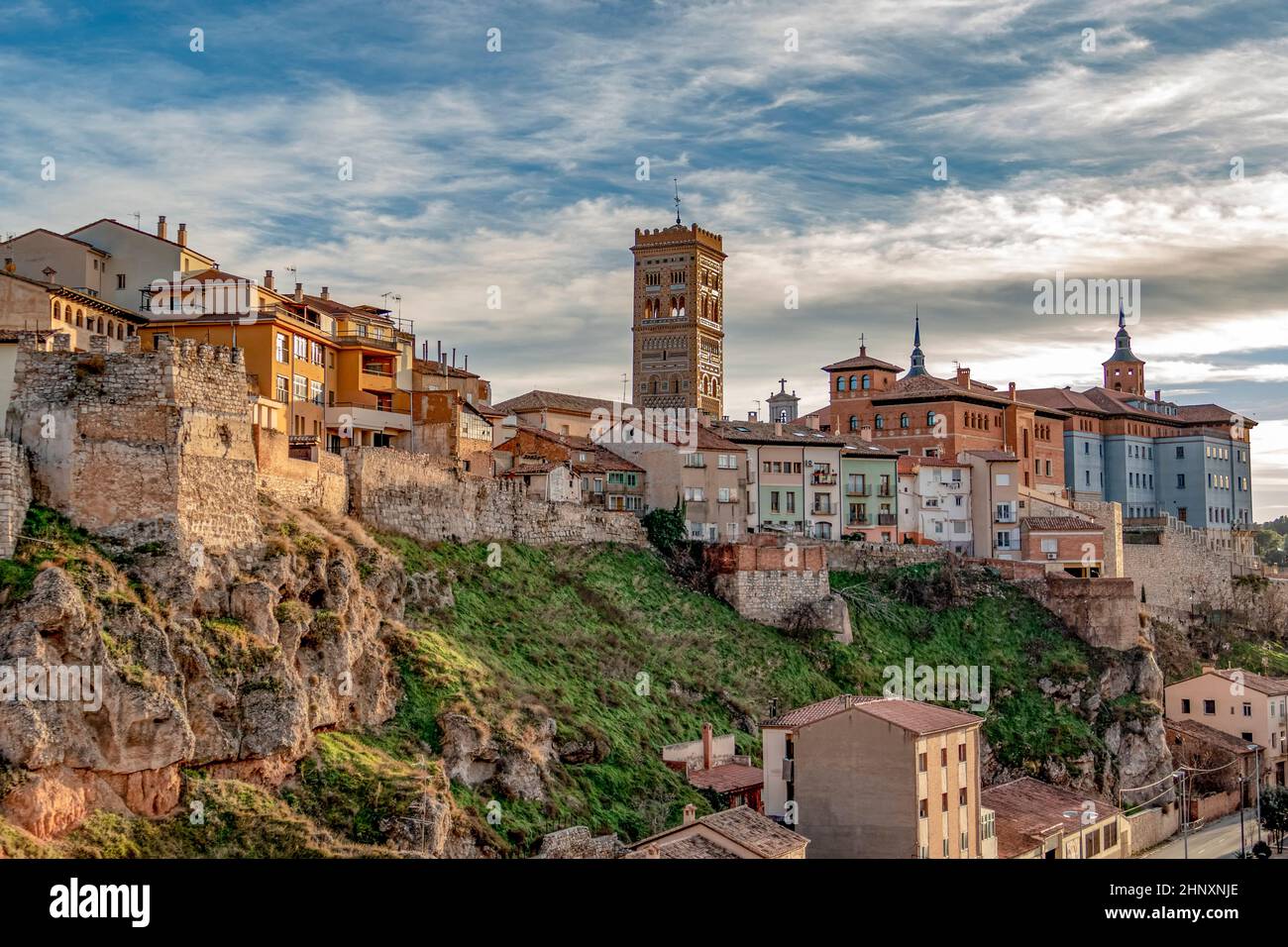 famous torre de el Salvador with skyline of old village Teruel in Spain Stock Photo