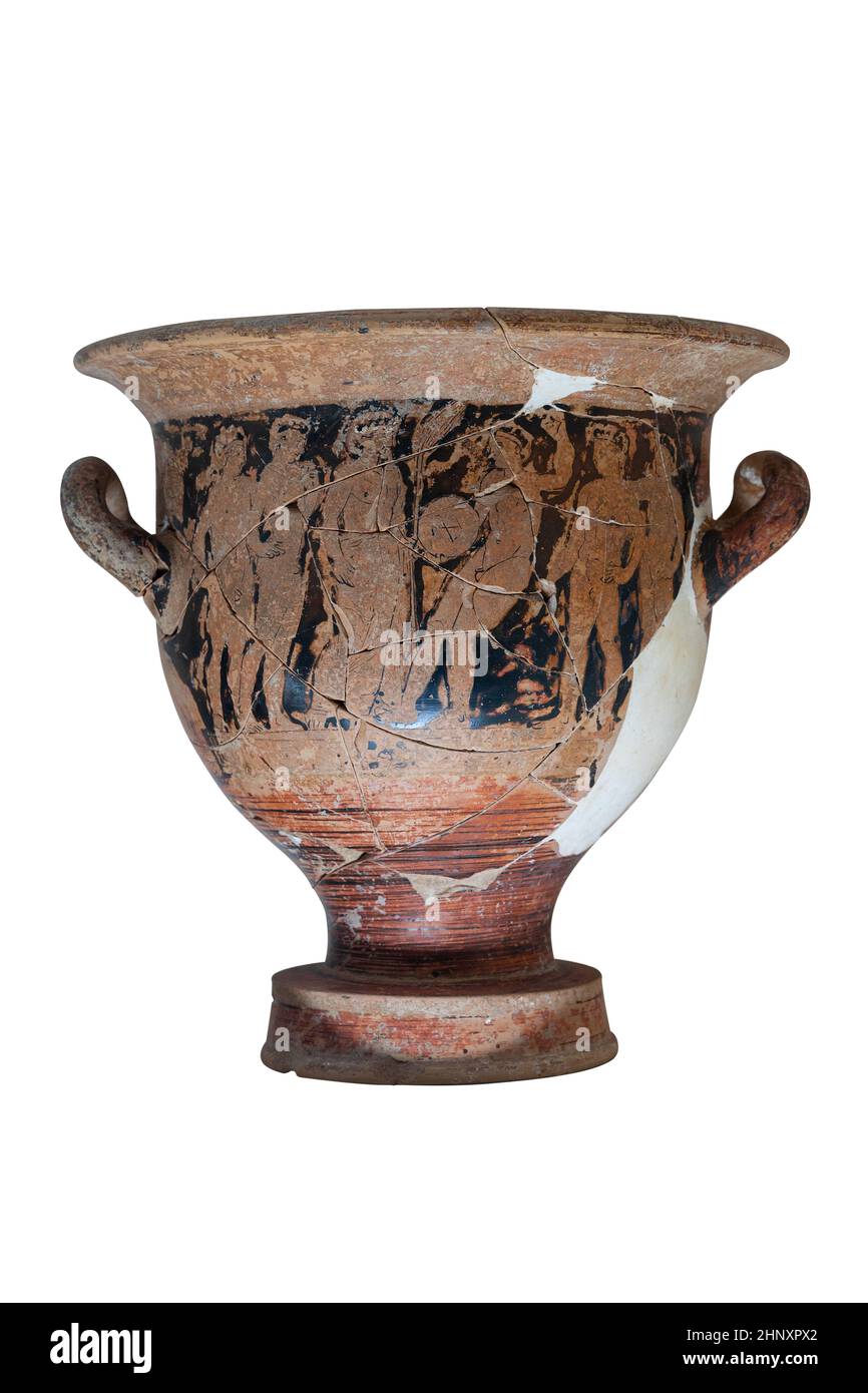 front view closeup of ancient damaged Greek vase Antalya archeological museum isolated on white background Stock Photo