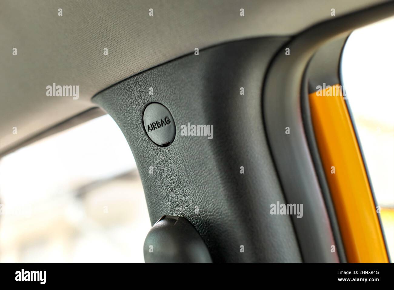 Detail on side airbag unit placement in the car. Stock Photo