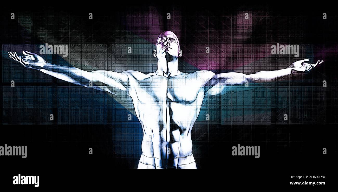 Human and Robot Hand System Integration Concept Art Stock Photo