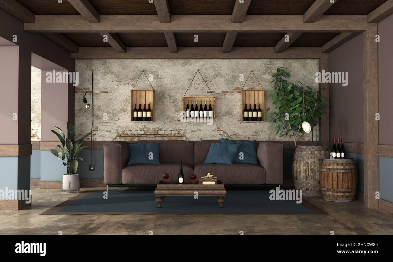 Retro style wine cellar with modern sofa against old wall - 3d ...