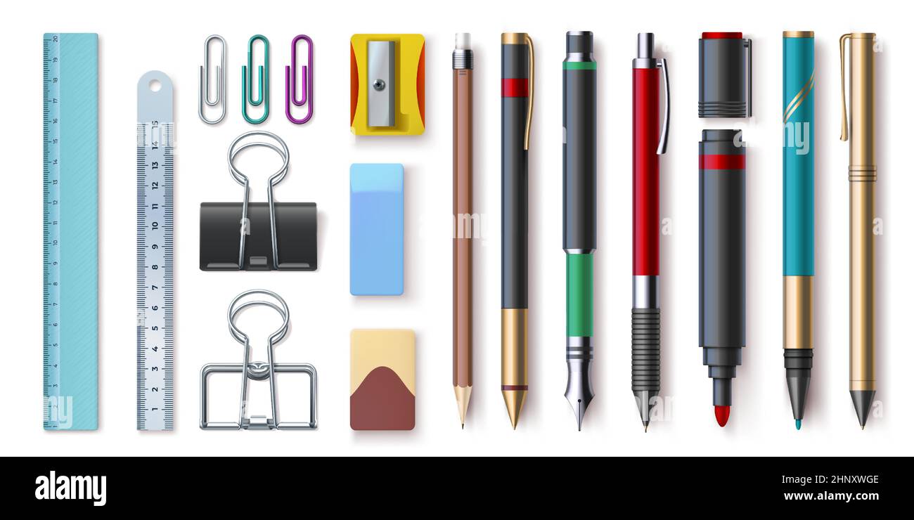 Realistic office stationery, writing tools, paper clips, and ruler. Pen,  pencil, marker, sharpener and eraser. 3d school supplies vector set. Items  fo Stock Vector Image & Art - Alamy