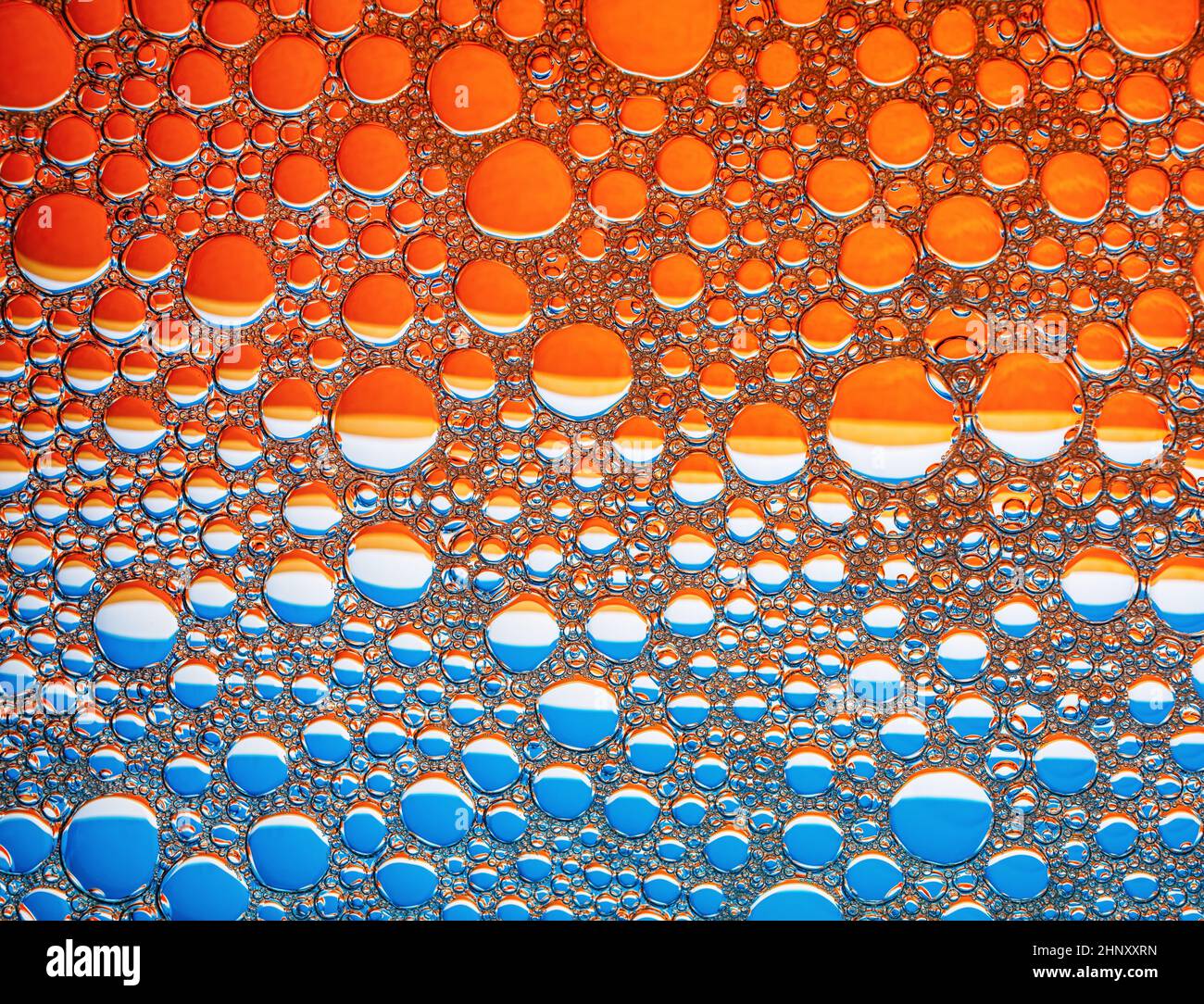 Orange and blue bubbles background. Foam bubbles macro texture. Stock Photo