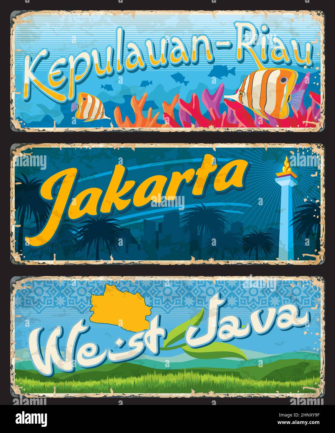 West Java, Jakarta and Kepulauan-Riau indonesian travel plates and stickers. Indonesia province grunge banners, asian journey souvenir card or vector Stock Vector