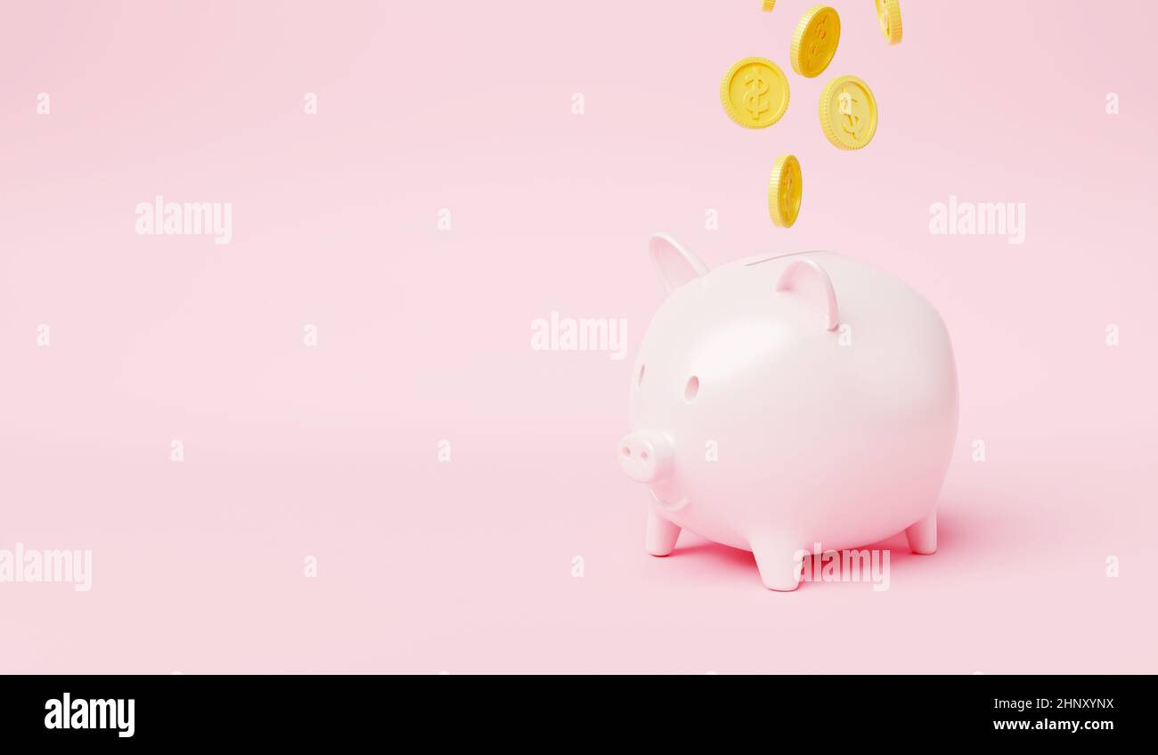 Piggy bank with coin money raining falling to piggy on pink background ...
