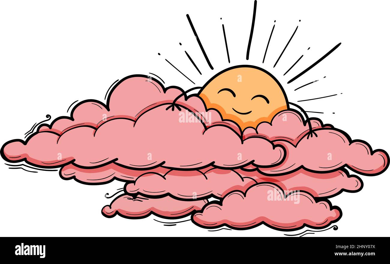 Sun and Cloud kids drawing for nursery in cartoon outline style. Girl pink vector illustration isolated on white Stock Vector