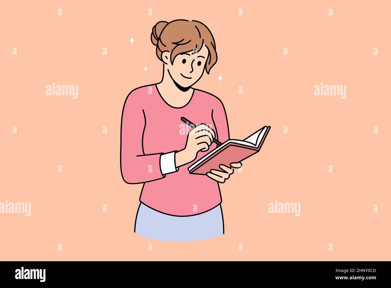 Making notes and writing diary concept. Young smiling woman cartoon ...