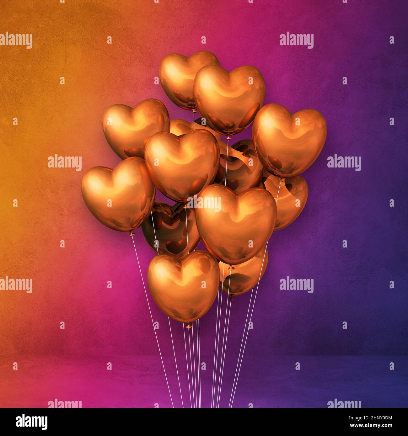 Copper heart shape balloons bunch on a rainbow wall background. 3D ...