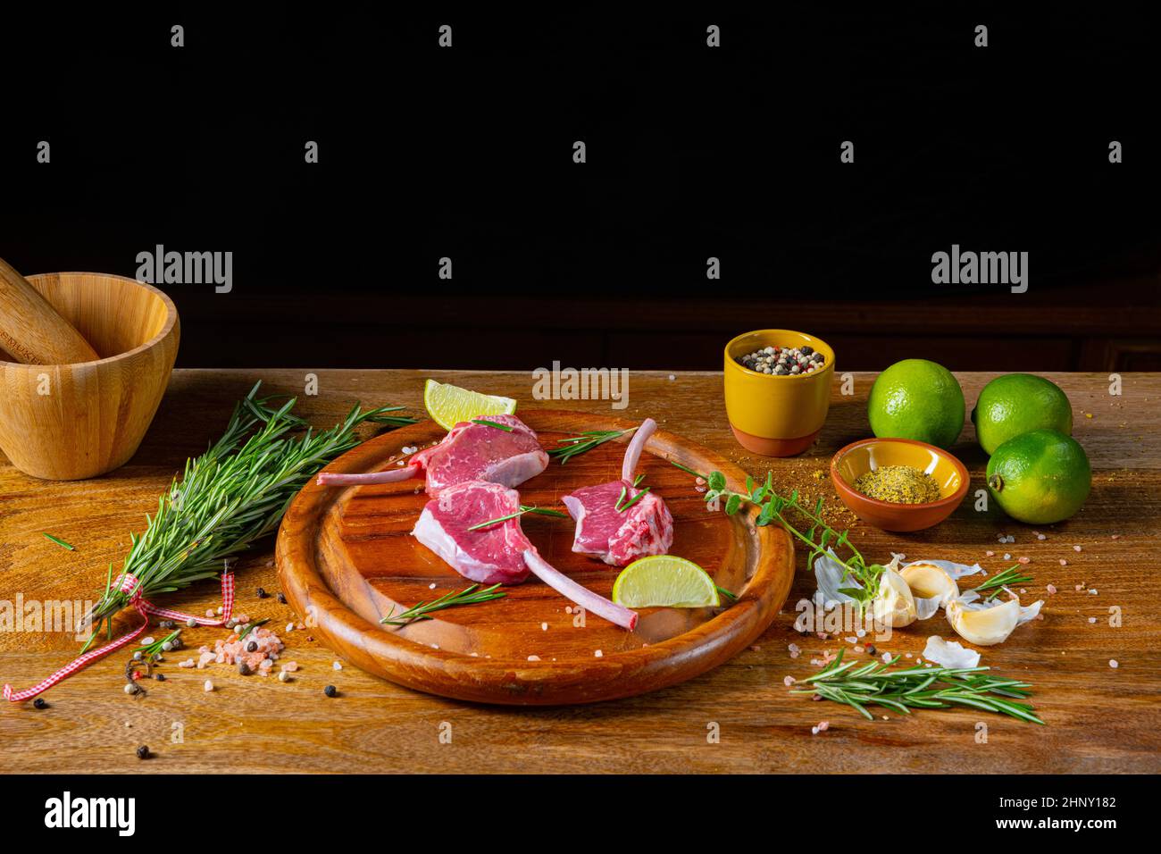 Raw Fresh Lamb Chops Wooden Cutting Board Stock Photo